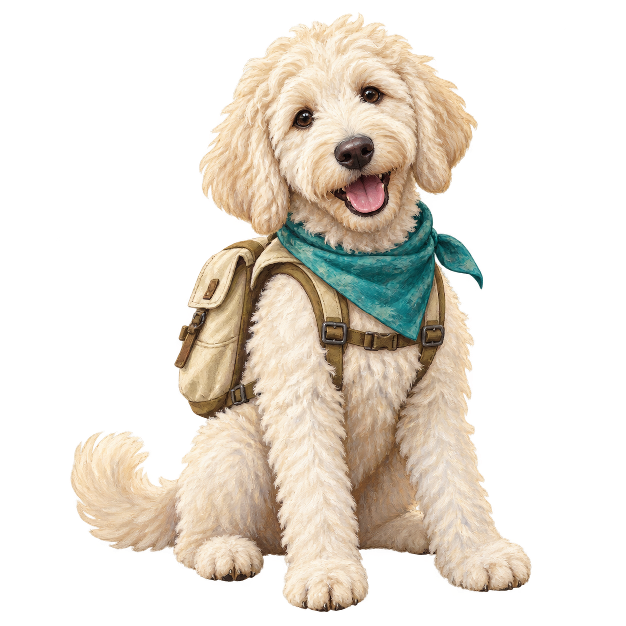 Bamse, en vit labradoodle med ryggsäck och turkos halsduk